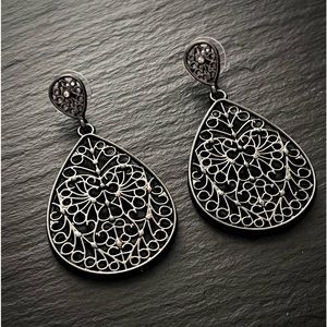 Gypsy Bohemian Silver Tone Matte Charcoal Metallic Teardrop Post Earrings